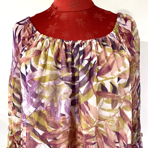 Lucky Brand Top XL Sheer Floral 3/4 Sleeve Peach Purple Peasant Blouse Ruffles - Picture 3 of 10